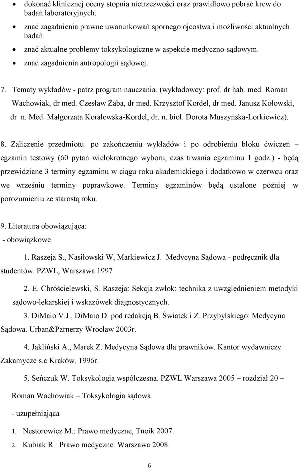 Czesła Żaba, dr med. Krzysztof Kordel, dr med. Janusz Kołoski, dr n. Med. Małgorzata Koraleska-Kordel, dr. n. biol. Dorota Muszyńska-Lorkieicz). 8.