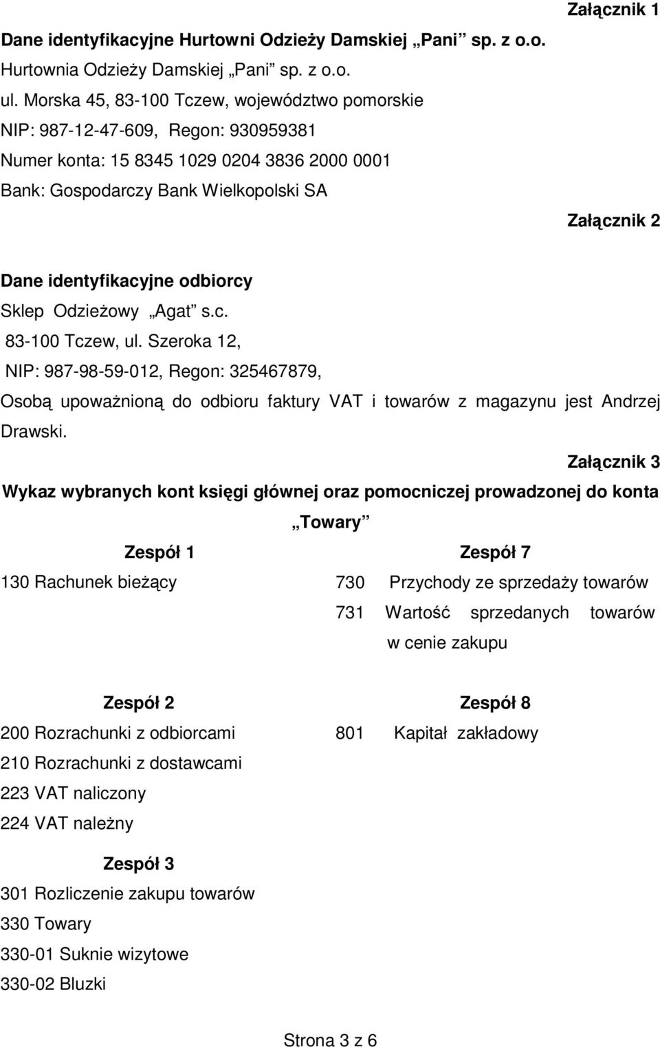 identyfikacyjne odbiorcy Sklep OdzieŜowy Agat s.c. 83-100 Tczew, ul.