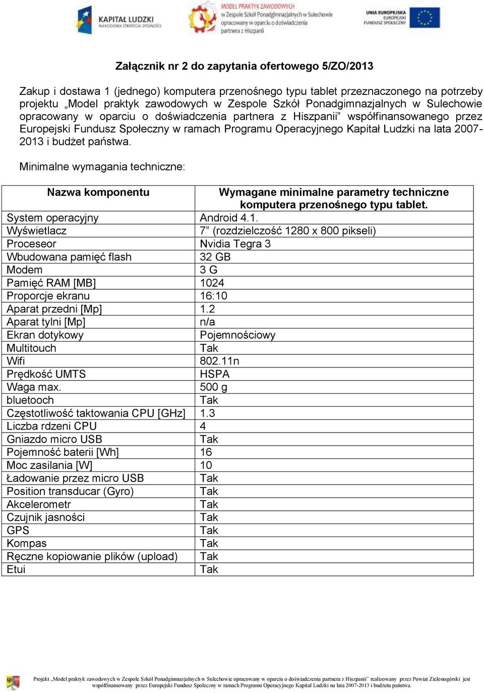 2007-2013 i budżet państwa. Minimalne wymagania techniczne: Nazwa komponentu Wymagane minimalne parametry techniczne komputera przenośnego typu tablet. System operacyjny Android 4.1. Wyświetlacz 7 (rozdzielczość 1280 x 800 pikseli) Proceseor Nvidia Tegra 3 Wbudowana pamięć flash 32 GB Modem 3 G Pamięć RAM [MB] 1024 Proporcje ekranu 16:10 Aparat przedni [Mp] 1.