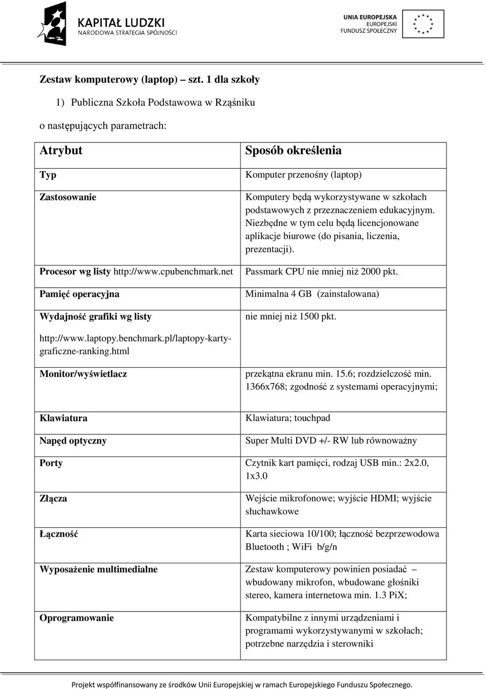 Niezbędne w tym celu będą licencjonowane aplikacje biurowe (do pisania, liczenia, prezentacji). Passmark CPU nie mniej niż 2000 pkt. Minimalna 4 GB (zainstalowana) nie mniej niż 1500 pkt. http://www.