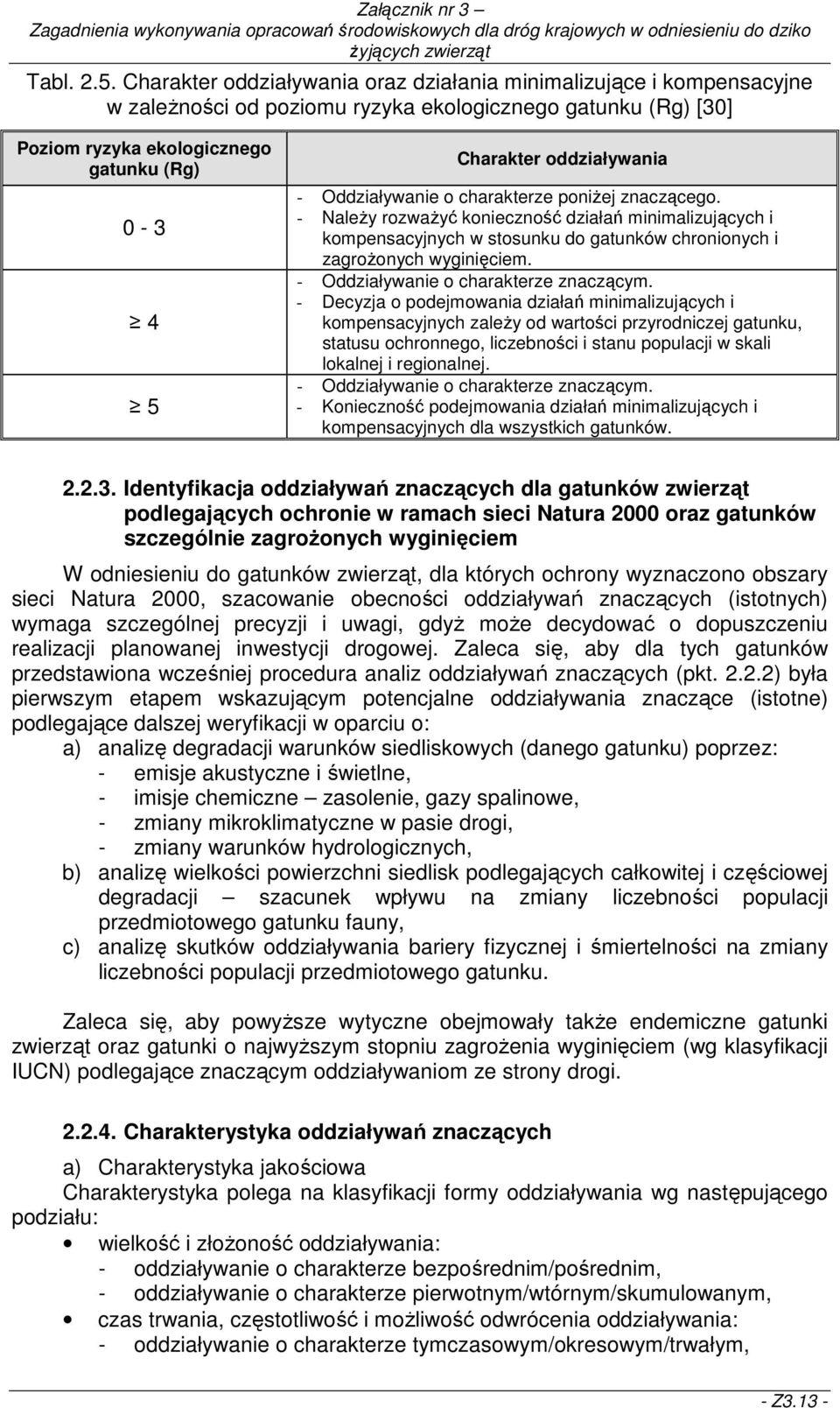 oddziaływania - Oddziaływanie o charakterze poniŝej znaczącego. - NaleŜy rozwaŝyć konieczność działań minimalizujących i kompensacyjnych w stosunku do gatunków chronionych i zagroŝonych wyginięciem.