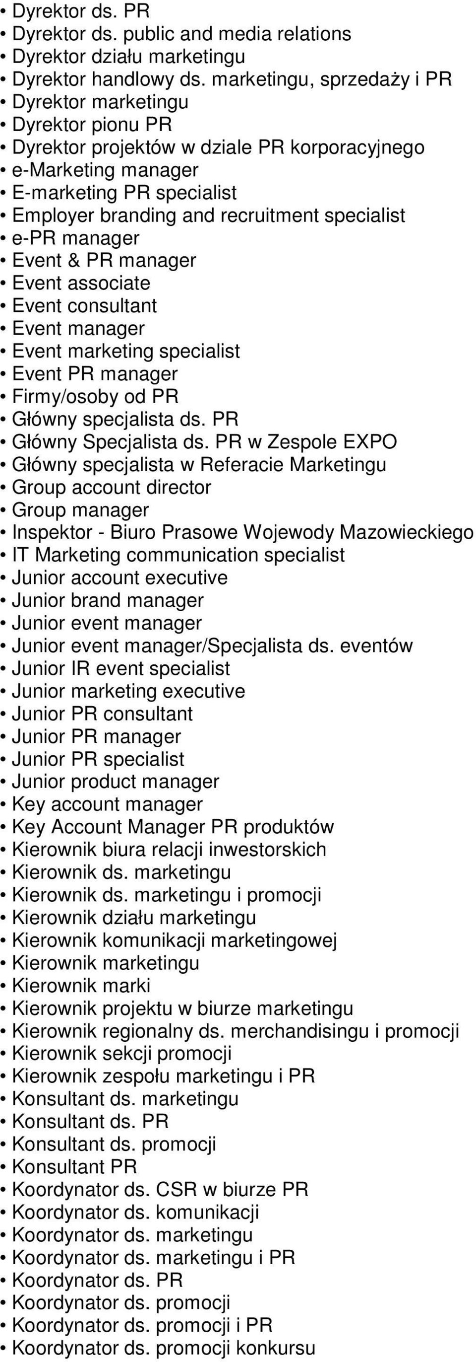 specialist e-pr manager Event & PR manager Event associate Event consultant Event manager Event marketing specialist Event PR manager Firmy/osoby od PR Główny specjalista ds. PR Główny Specjalista ds.