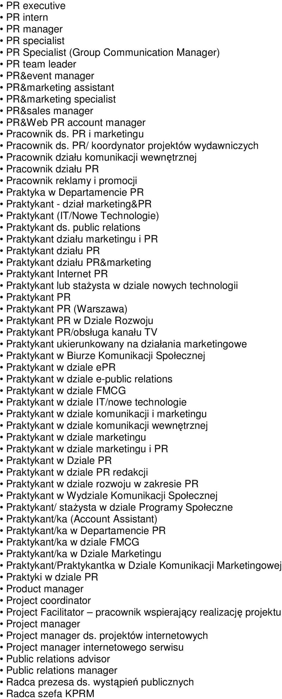 PR/ koordynator projektów wydawniczych Pracownik działu komunikacji wewnętrznej Pracownik działu PR Pracownik reklamy i promocji Praktyka w Departamencie PR Praktykant - dział marketing&pr Praktykant