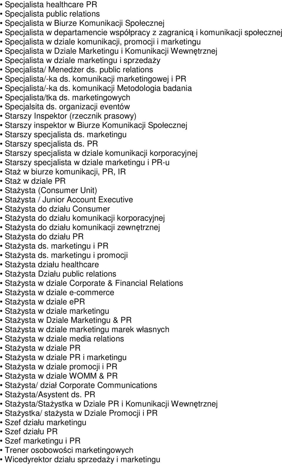 komunikacji marketingowej i PR Specjalista/-ka ds. komunikacji Metodologia badania Specjalista/tka ds. marketingowych Specjalsita ds.