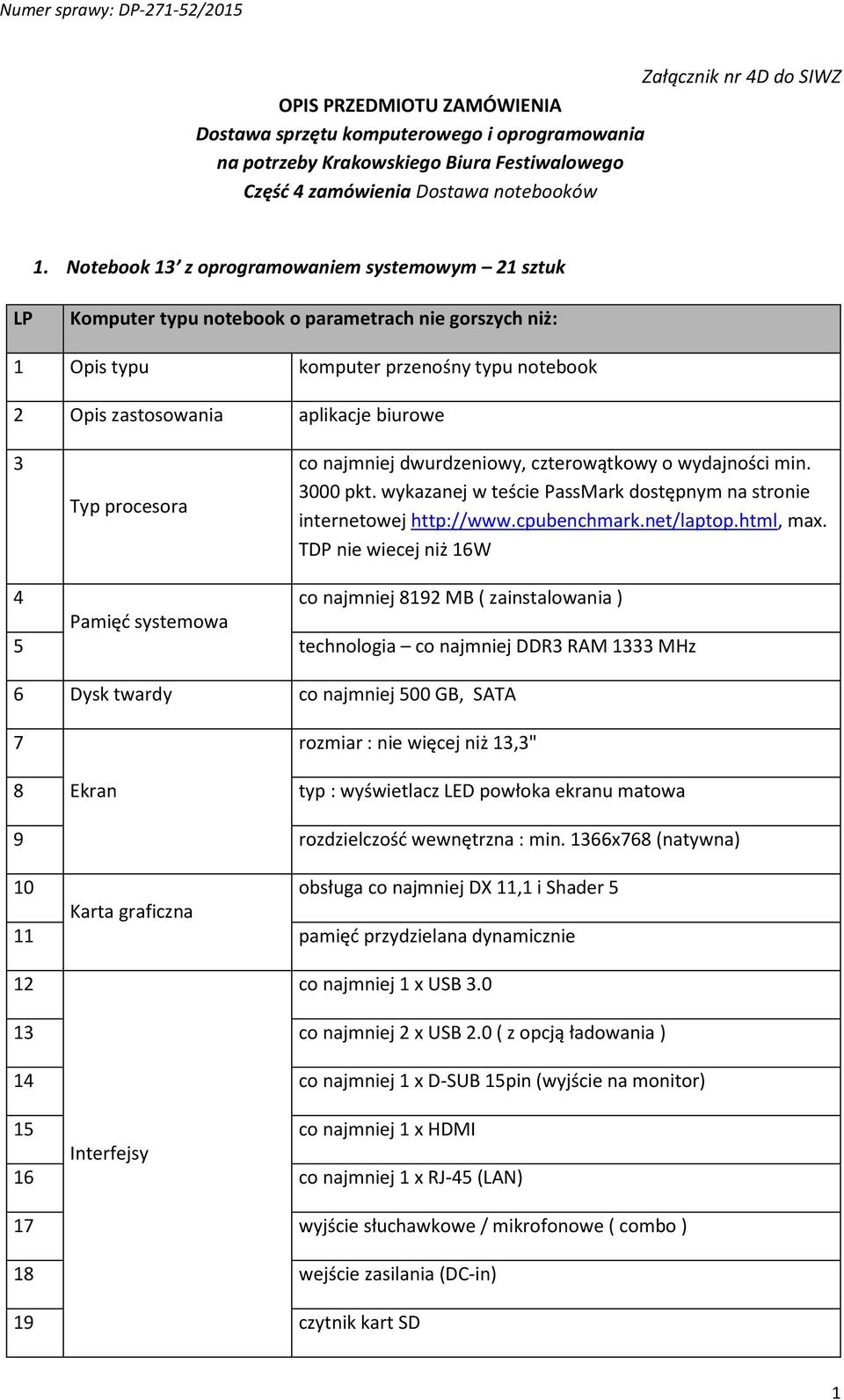 procesora co najmniej dwurdzeniowy, czterowątkowy o wydajności min. 3000 pkt. wykazanej w teście PassMark dostępnym na stronie internetowej http://www.cpubenchmark.net/laptop.html, max.