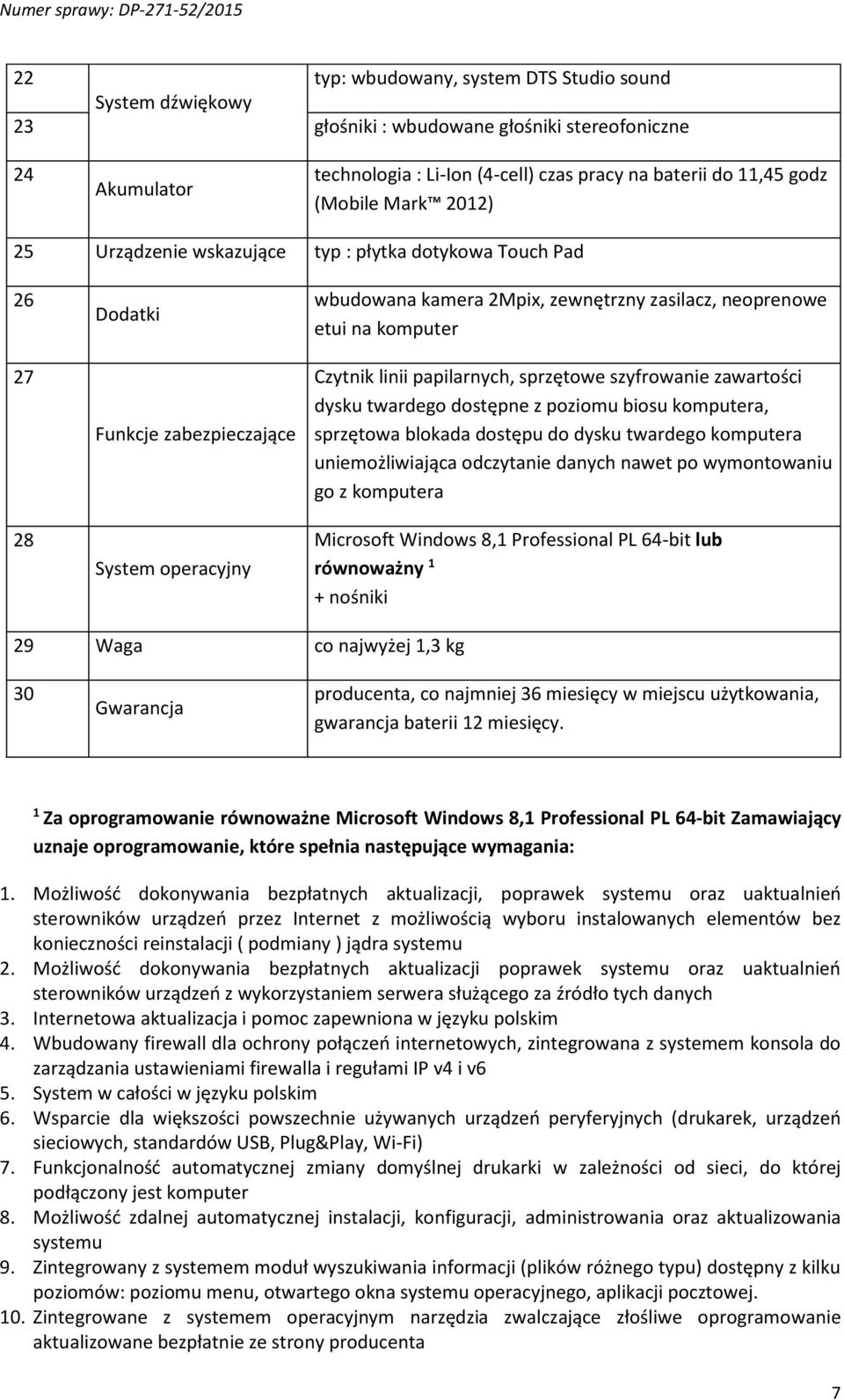 Czytnik linii papilarnych, sprzętowe szyfrowanie zawartości dysku twardego dostępne z poziomu biosu komputera, sprzętowa blokada dostępu do dysku twardego komputera uniemożliwiająca odczytanie danych