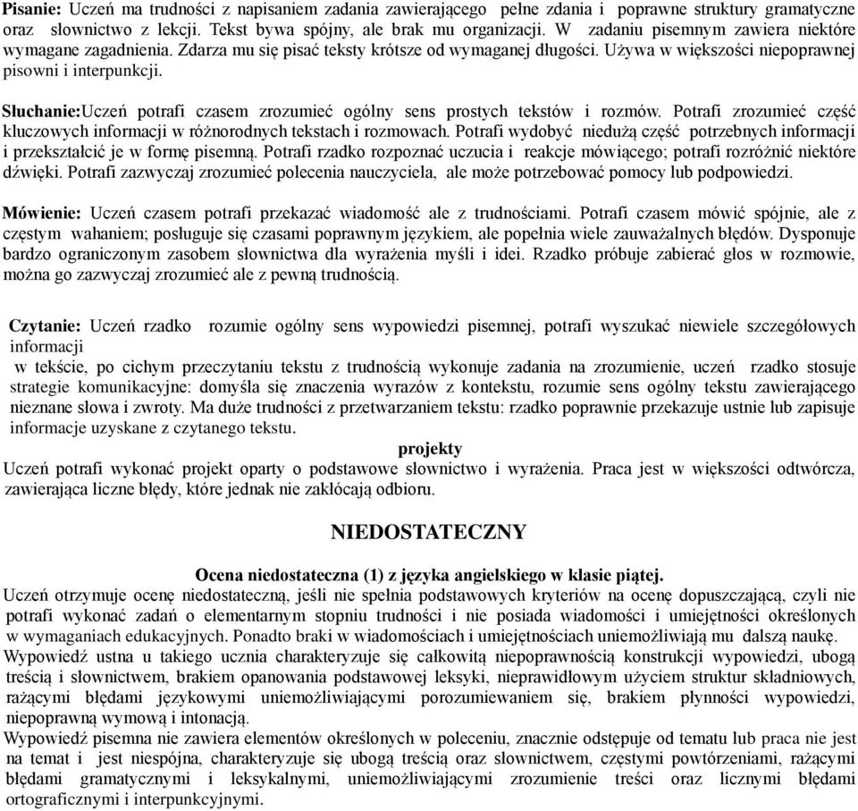 Słuchanie:Uczeń potrafi czasem zrozumieć ogólny sens prostych tekstów i rozmów. Potrafi zrozumieć część kluczowych informacji w różnorodnych tekstach i rozmowach.