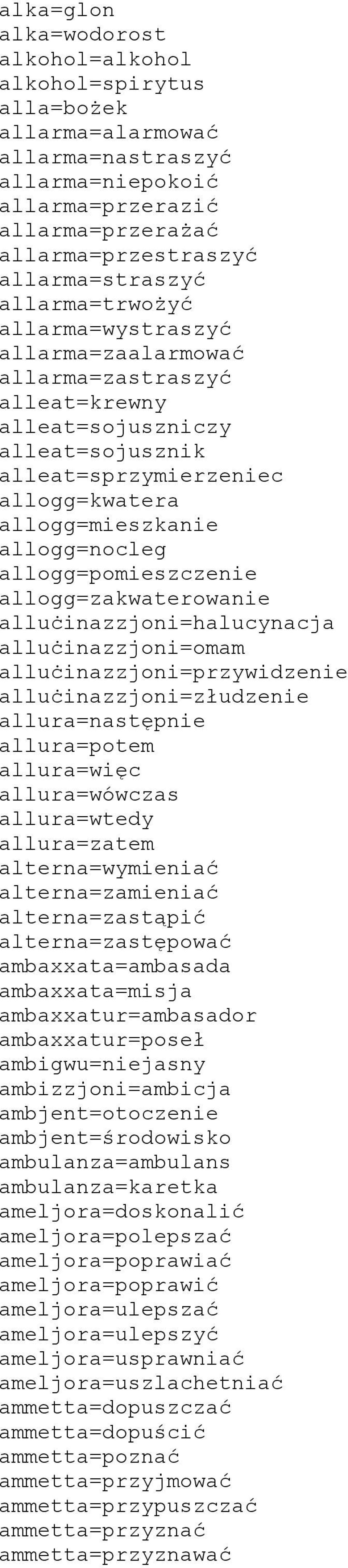 allogg=pomieszczenie allogg=zakwaterowanie alluċinazzjoni=halucynacja alluċinazzjoni=omam alluċinazzjoni=przywidzenie alluċinazzjoni=złudzenie allura=następnie allura=potem allura=więc allura=wówczas
