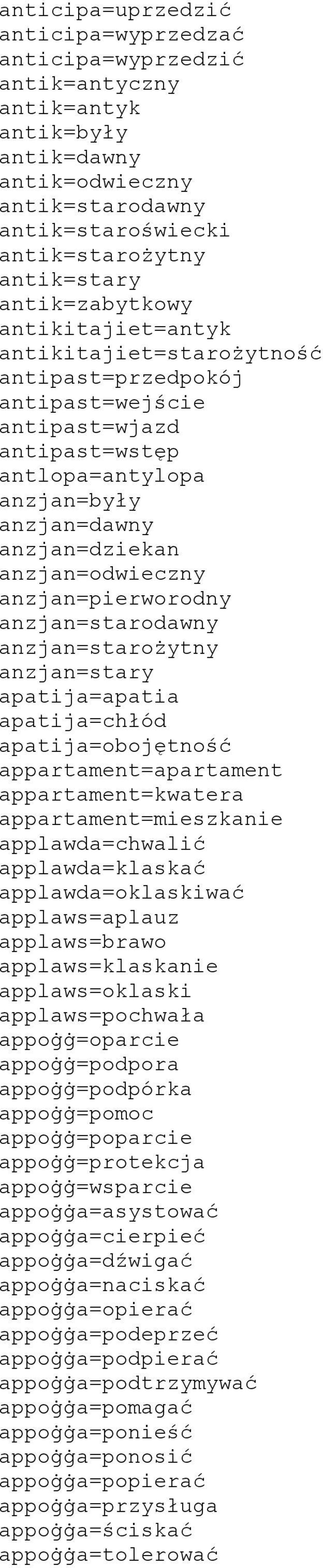 anzjan=odwieczny anzjan=pierworodny anzjan=starodawny anzjan=starożytny anzjan=stary apatija=apatia apatija=chłód apatija=obojętność appartament=apartament appartament=kwatera appartament=mieszkanie