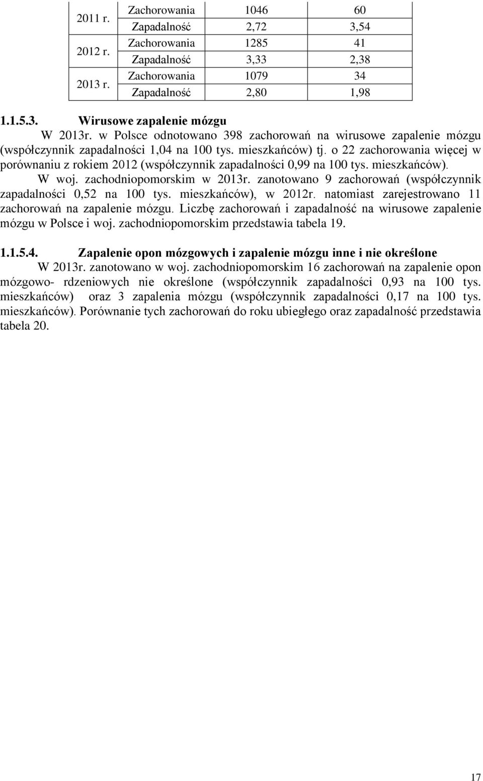 o 22 zachorowania więcej w porównaniu z rokiem 2012 (współczynnik zapadalności 0,99 na 100 tys. mieszkańców). W woj. zachodniopomorskim w 2013r.