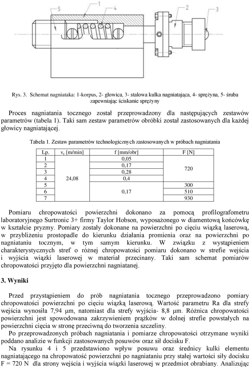 zestawów parametrów (tabela 1). Taki sam zestaw parametrów obróbki został zastosowanych dla każdej głowicy nagniatającej. Tabela 1.