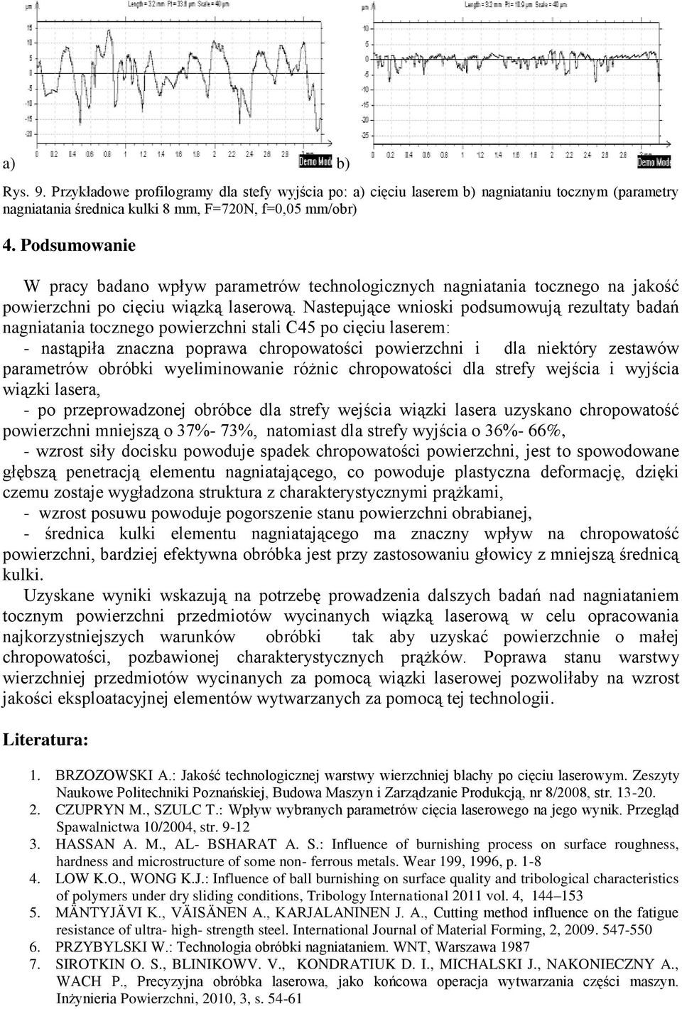 Nastepujące wnioski podsumowują rezultaty badań nagniatania tocznego powierzchni stali C45 po cięciu laserem: - nastąpiła znaczna poprawa chropowatości powierzchni i dla niektóry zestawów parametrów