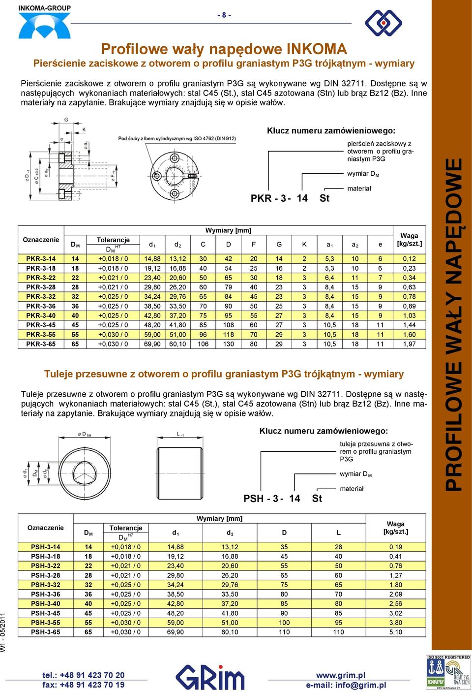 PKR - 3-14 S PSH - 3-14 S ierścień zaciskowy z oworem o rofilu graniasym P3G wymiar H7 d 1 d C D F G K a 1 a e uleja rzesuwna z oworem o rofilu graniasym P3G wymiar D [kg/sz.
