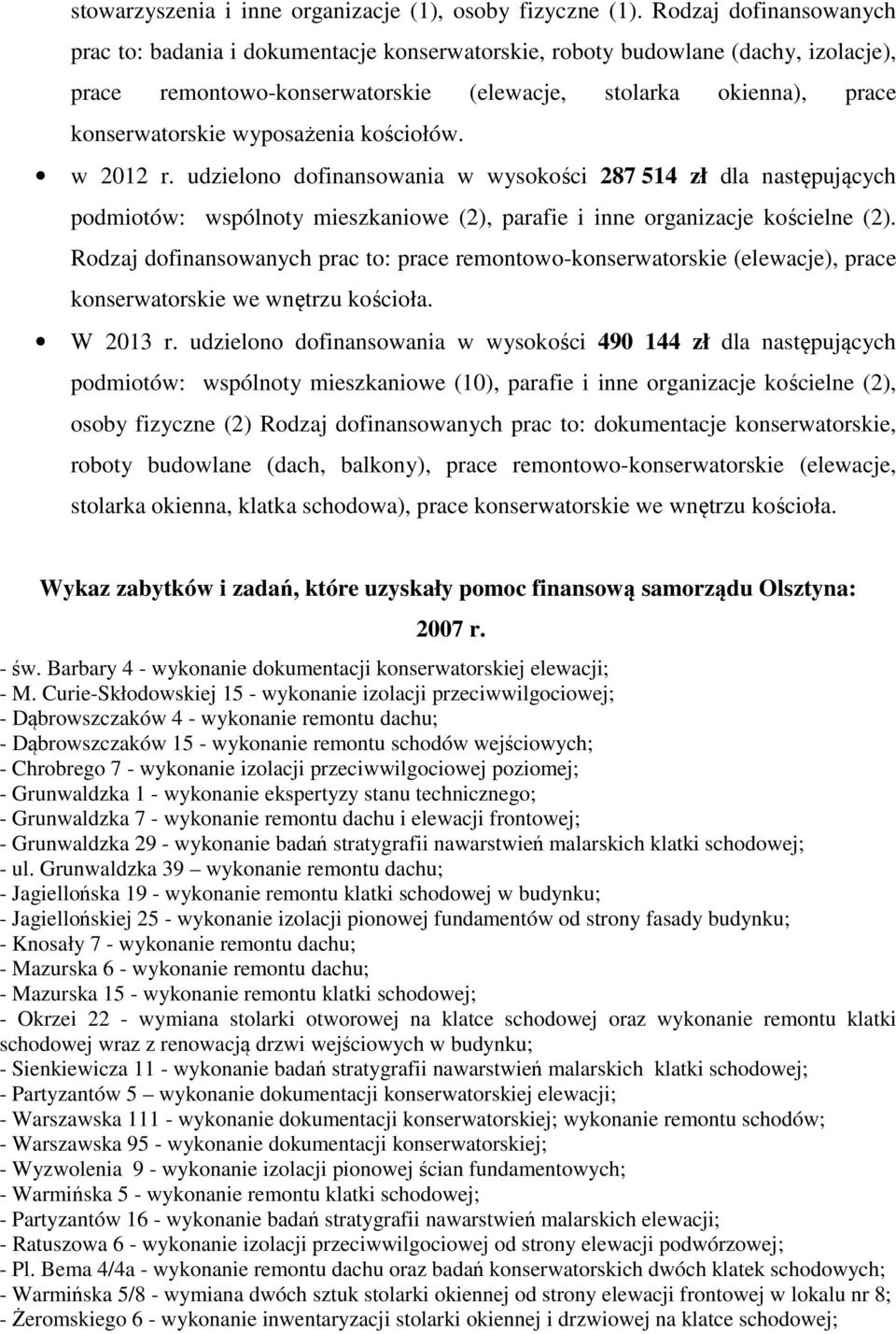 wyposażenia kościołów. w 2012 r. udzielono dofinansowania w wysokości 287 514 zł dla następujących podmiotów: wspólnoty mieszkaniowe (2), parafie i inne organizacje kościelne (2).