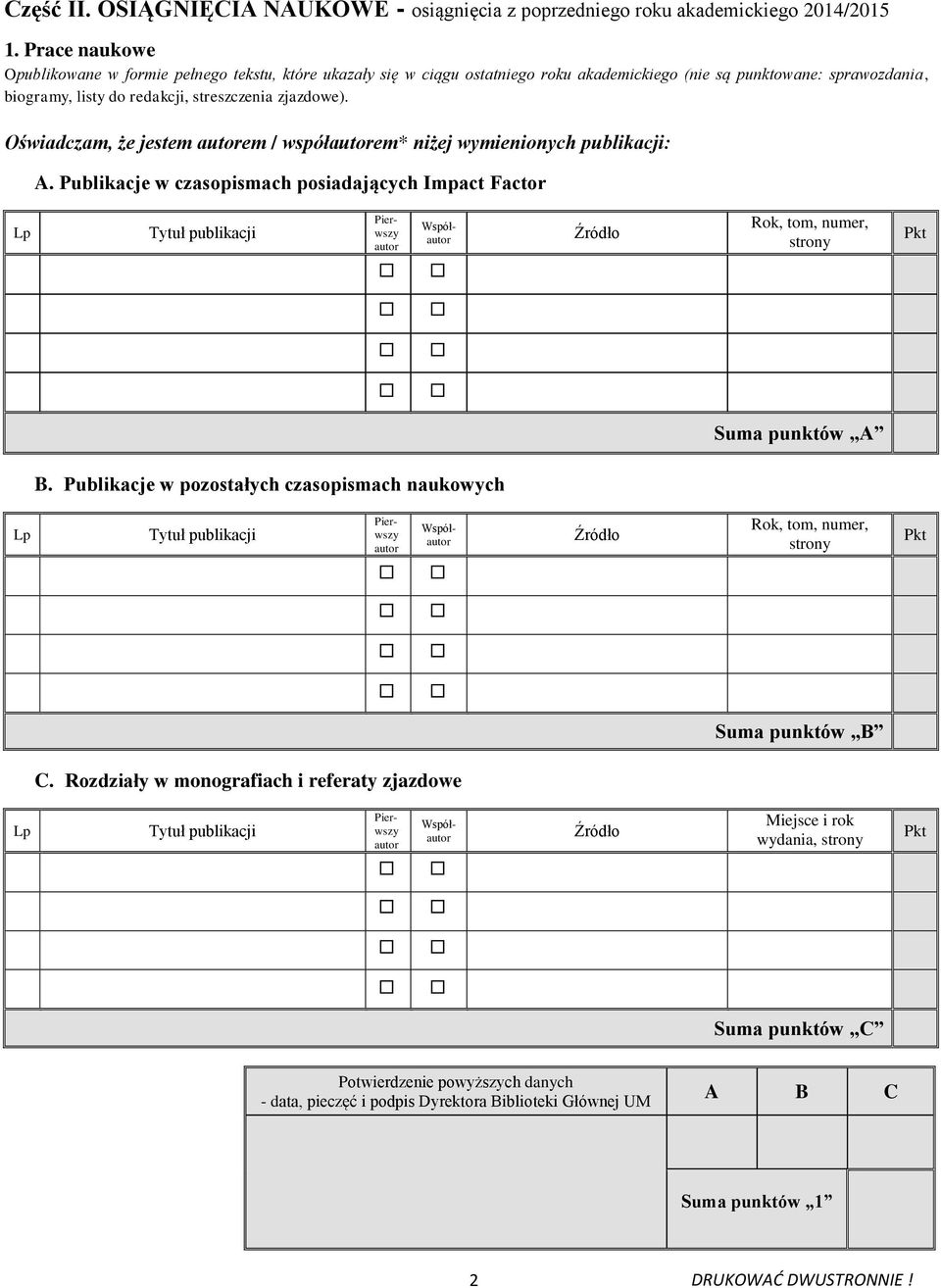 Oświadczam, że jestem autorem / współautorem* niżej wymienionych publikacji: A.