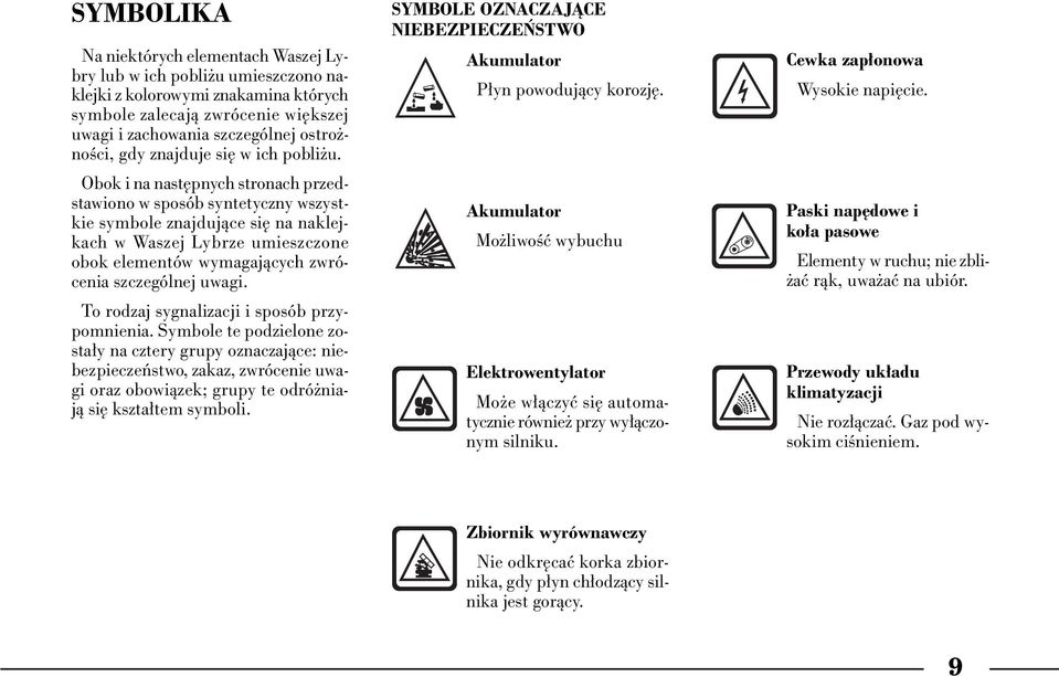 Obok i na nast pnych stronach przedstawiono w sposób syntetyczny wszystkie symbole znajdujàce si na naklejkach w Waszej Lybrze umieszczone obok elementów wymagajàcych zwrócenia szczególnej uwagi.