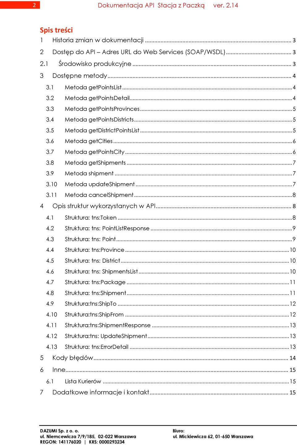 .. 6 3.7 Metoda getpointscity... 6 3.8 Metoda getshipments... 7 3.9 Metoda shipment... 7 3.10 Metoda updateshipment... 7 3.11 Metoda cancelshipment... 8 4 Opis struktur wykorzystanych w API... 8 4.1 Struktura: tns:token.