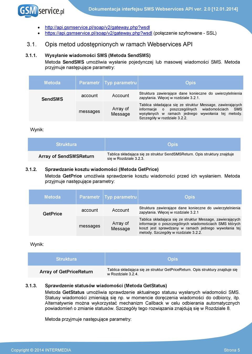 Metoda przyjmuje następujące parametry: Metoda Parametr Typ parametru SendSMS account messages Account Array of Message Struktura zawierające dane konieczne do uwierzytelnienia zapytania.