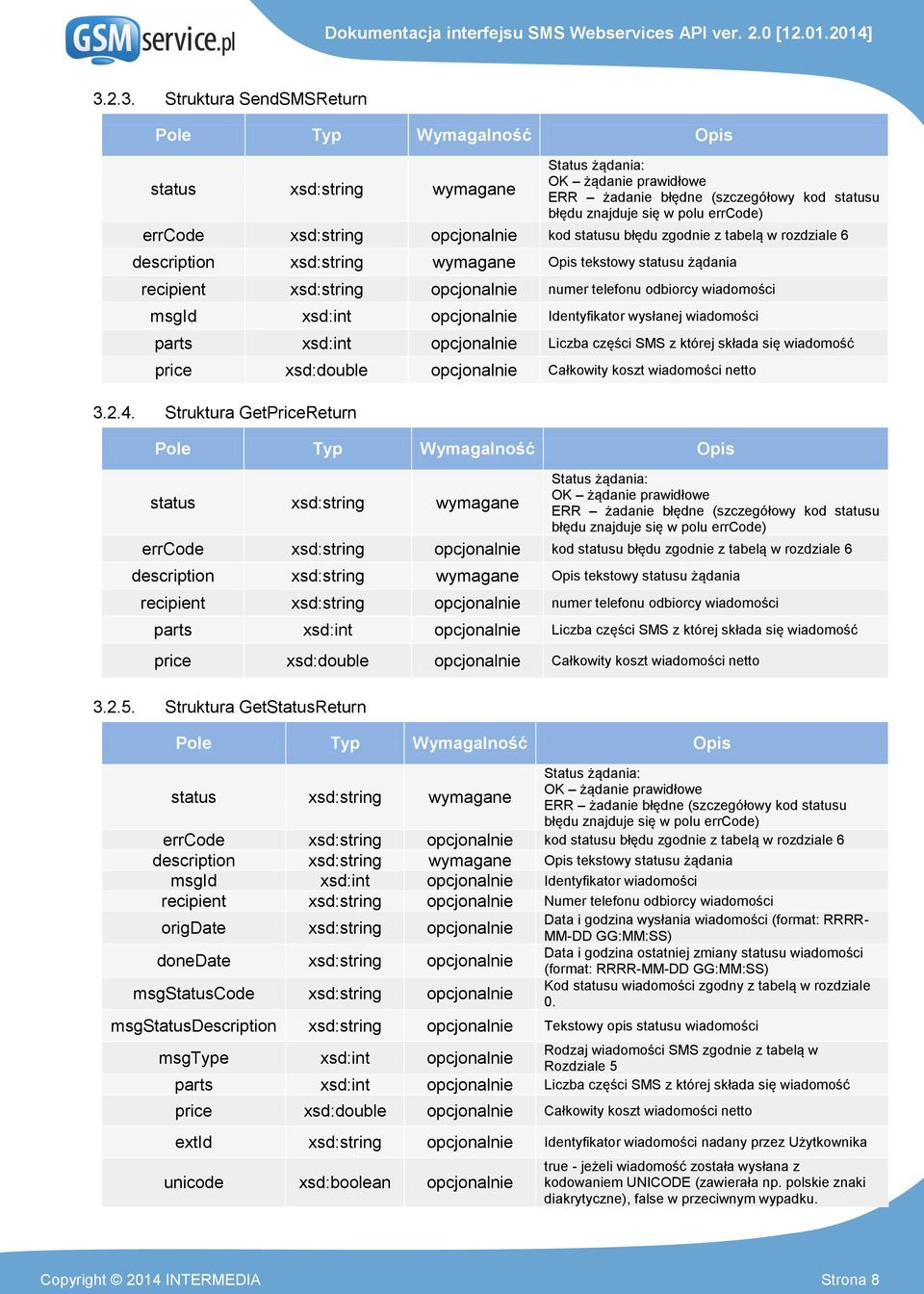 wiadomości msgid xsd:int opcjonalnie Identyfikator wysłanej wiadomości parts xsd:int opcjonalnie Liczba części SMS z której składa się wiadomość price xsd:double opcjonalnie Całkowity koszt