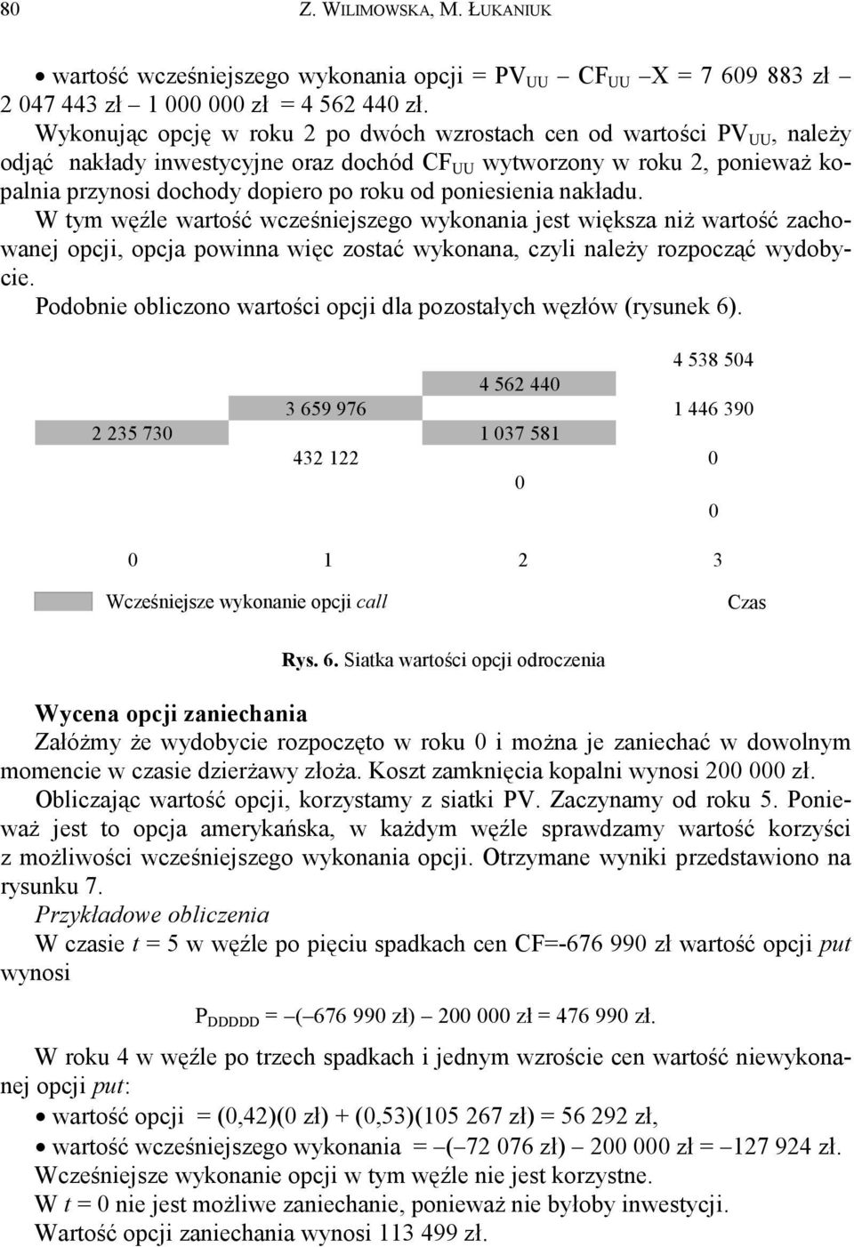 poniesienia nakładu. W tym węźle wartość wcześniejszego wykonania jest większa niż wartość zachowanej opcji, opcja powinna więc zostać wykonana, czyli należy rozpocząć wydobycie.