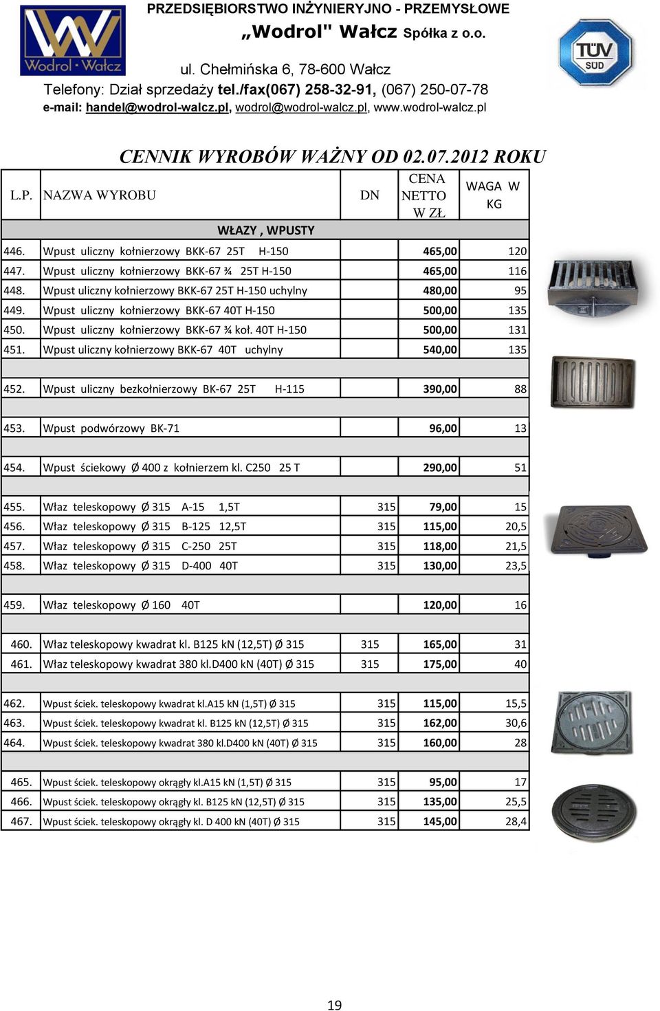 Wpust uliczny kołnierzowy BKK-67 40T uchylny 540,00 135 452. Wpust uliczny bezkołnierzowy BK-67 25T H-115 390,00 88 453. Wpust podwórzowy BK-71 96,00 13 454. Wpust ściekowy Ø 400 z kołnierzem kl.