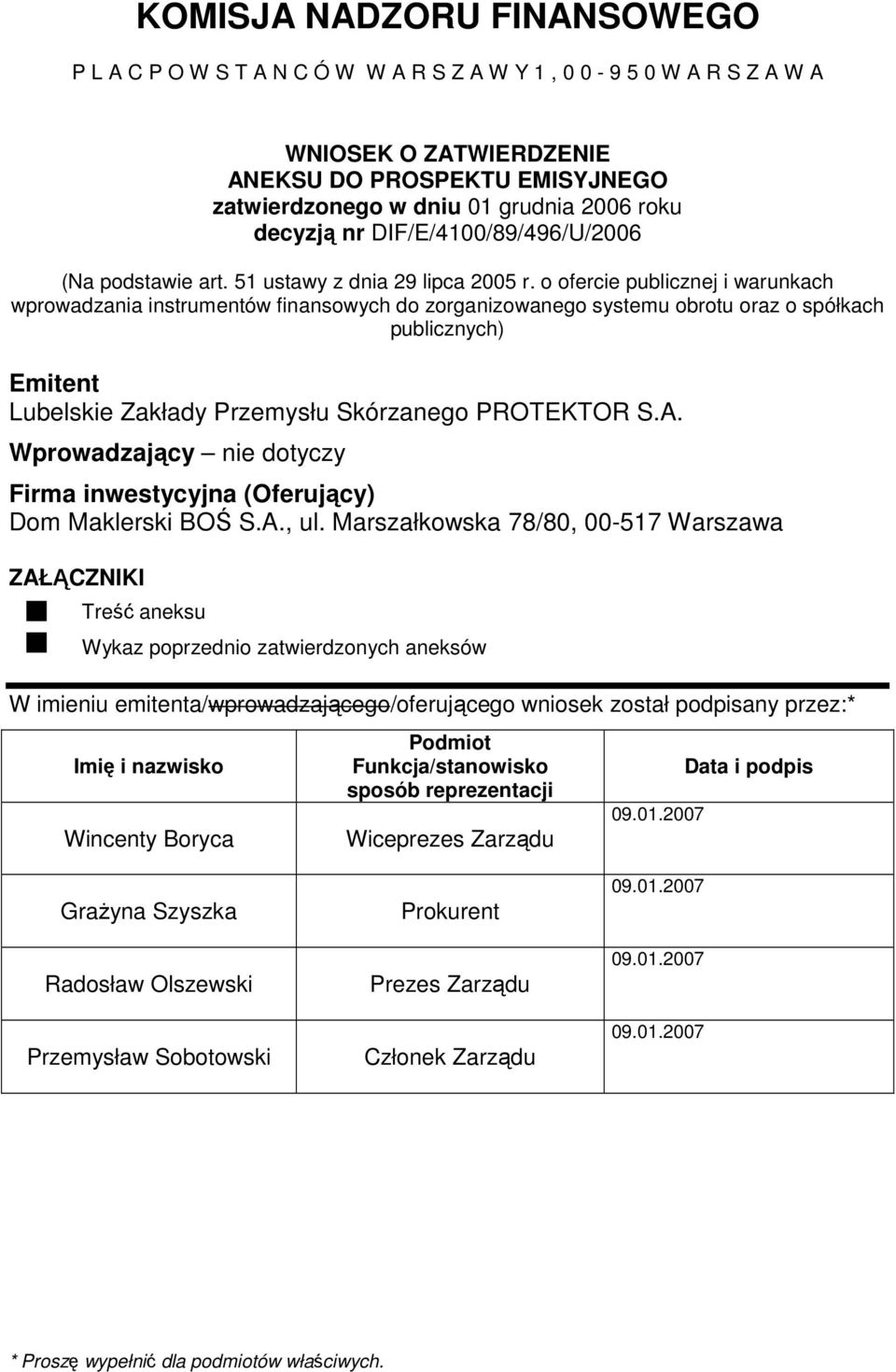 o ofercie publicznej i warunkach wprowadzania instrumentów finansowych do zorganizowanego systemu obrotu oraz o spółkach publicznych) Emitent Lubelskie Zakłady Przemysłu Skórzanego PROTEKTOR S.A.