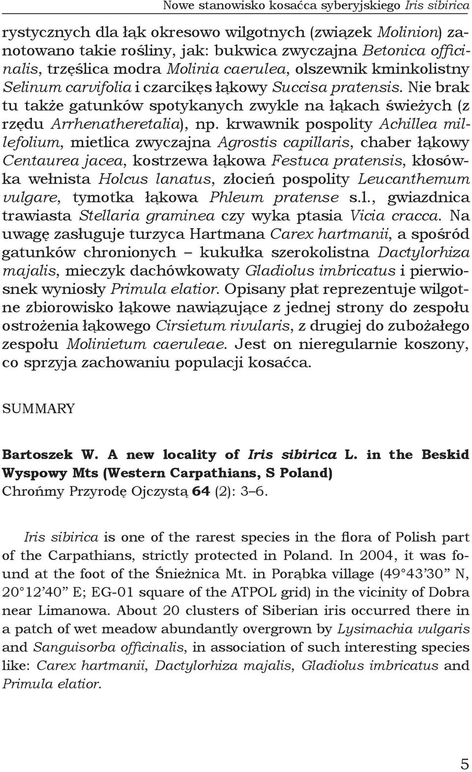 krwawnik pospolity Achillea millefolium, mietlica zwyczajna Agrostis capillaris, chaber łąkowy Centaurea jacea, kostrzewa łąkowa Festuca pratensis, kłosówka wełnista Holcus lanatus, złocień pospolity