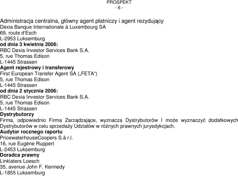 5, rue Thomas Edison L-1445 Strassen Agent rejestrowy i transferowy First European Transfer Agent SA ( FETA ) 5, rue Thomas Edison L-1445 Strassen od dnia 2 stycznia 2006: RBC Dexia  5, rue Thomas