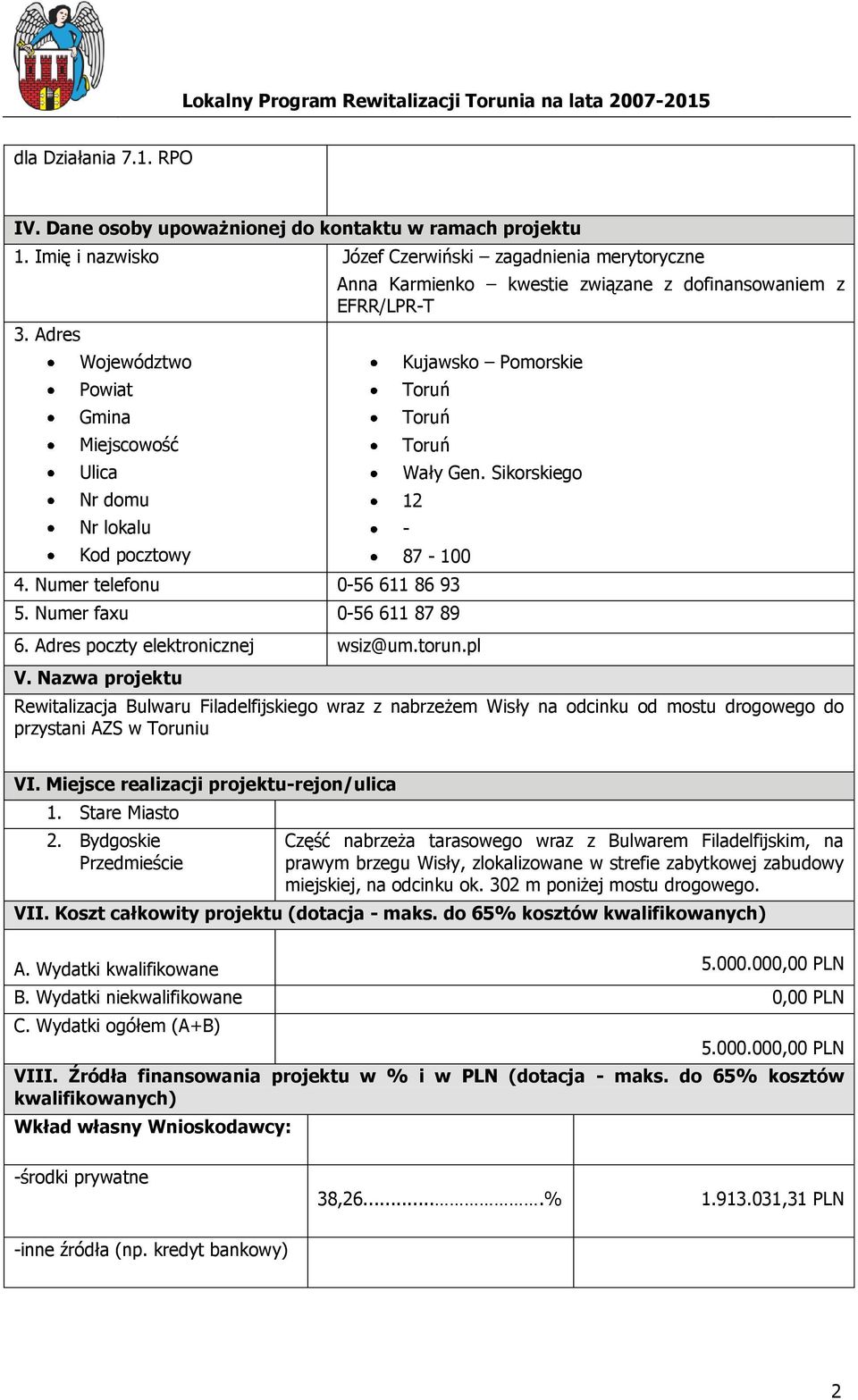 Numer telefonu 0-56 611 86 93 5. Numer faxu 0-56 611 87 89 6. Adres poczty elektronicznej wsiz@um.torun.pl V.
