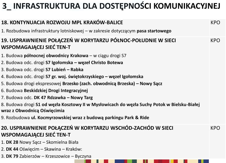 Budowa odc. drogi S7 Lubień Rabka 4. Budowa odc. drogi S7 gr. woj. świętokrzyskiego węzeł Igołomska 5. Budowa drogi ekspresowej Brzesko (zach. obwodnicą Brzeska) Nowy Sącz 6.