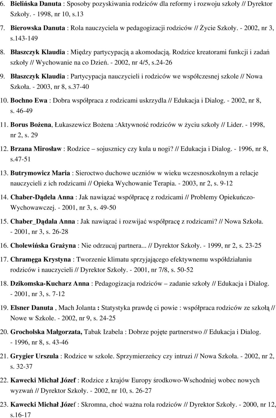 Rodzice kreatorami funkcji i zadań szkoły // Wychowanie na co Dzień. - 2002, nr 4/5, s.24-26 9. Błaszczyk Klaudia : Partycypacja nauczycieli i rodziców we współczesnej szkole // Nowa Szkoła.
