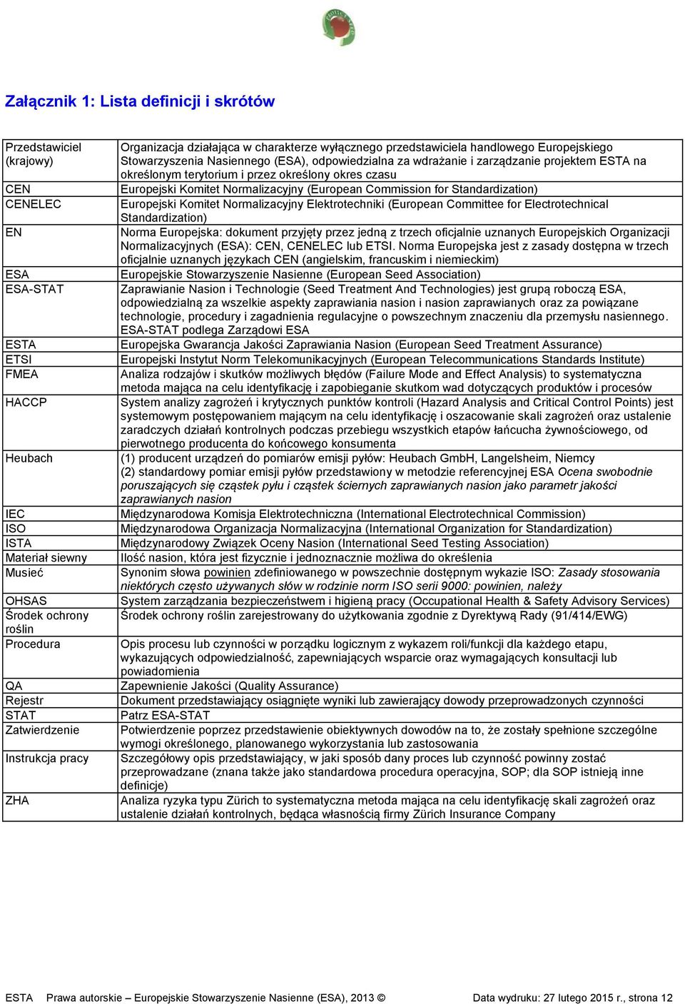zarządzanie projektem ESTA na określonym terytorium i przez określony okres czasu Europejski Komitet Normalizacyjny (European Commission for Standardization) Europejski Komitet Normalizacyjny