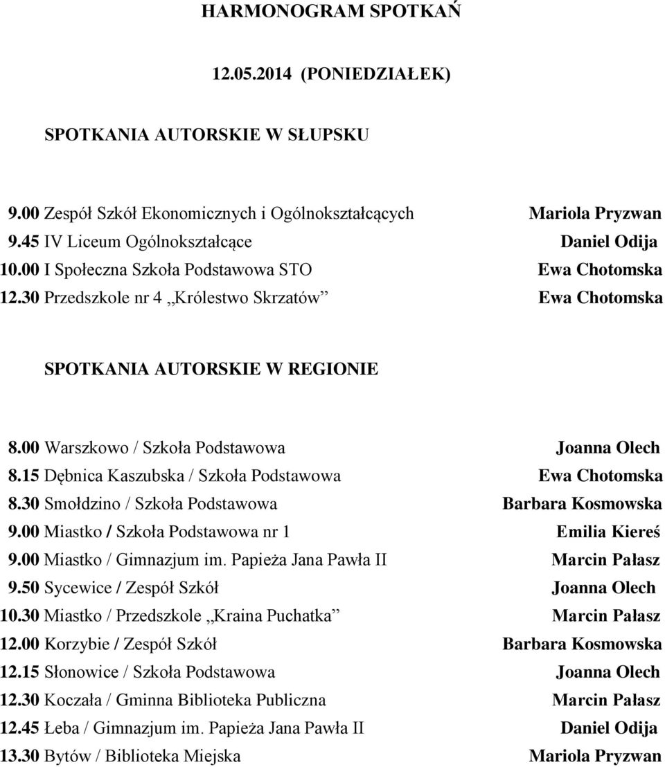 15 Dębnica Kaszubska / Szkoła Podstawowa Ewa Chotomska 8.30 Smołdzino / Szkoła Podstawowa Barbara Kosmowska 9.00 Miastko / Szkoła Podstawowa nr 1 Emilia Kiereś 9.00 Miastko / Gimnazjum im.