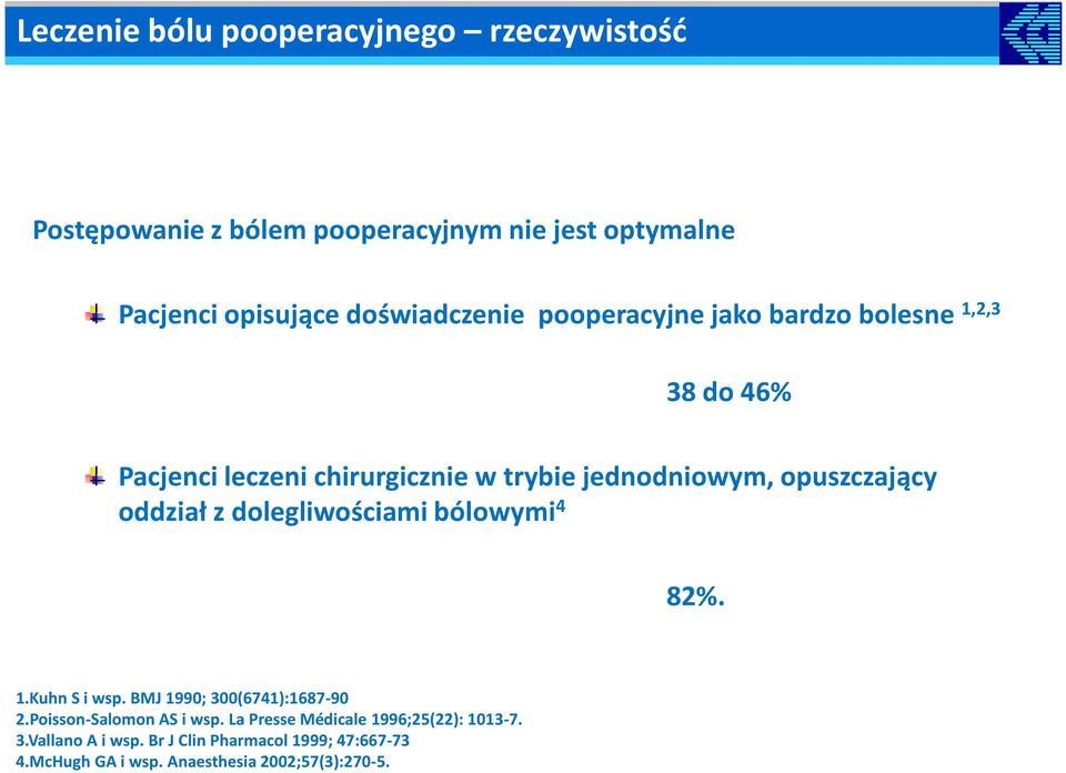 opuszczający oddział z dolegliwościami bólowymi 4 82%. 1.Kuhn S i wsp. BMJ 1990; 300(6741):1687-90 2.Poisson-Salomon AS i wsp.