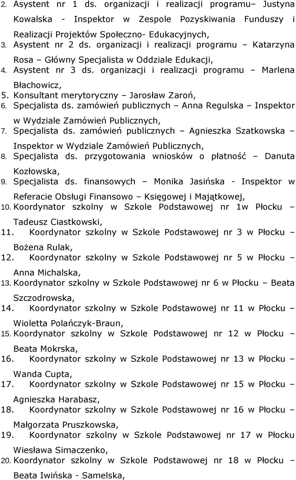 Konsultant merytoryczny Jarosław Zaroń, 6. Specjalista ds. zamówień publicznych Anna Regulska Inspektor w Wydziale Zamówień Publicznych, 7. Specjalista ds. zamówień publicznych Agnieszka Szatkowska Inspektor w Wydziale Zamówień Publicznych, 8.