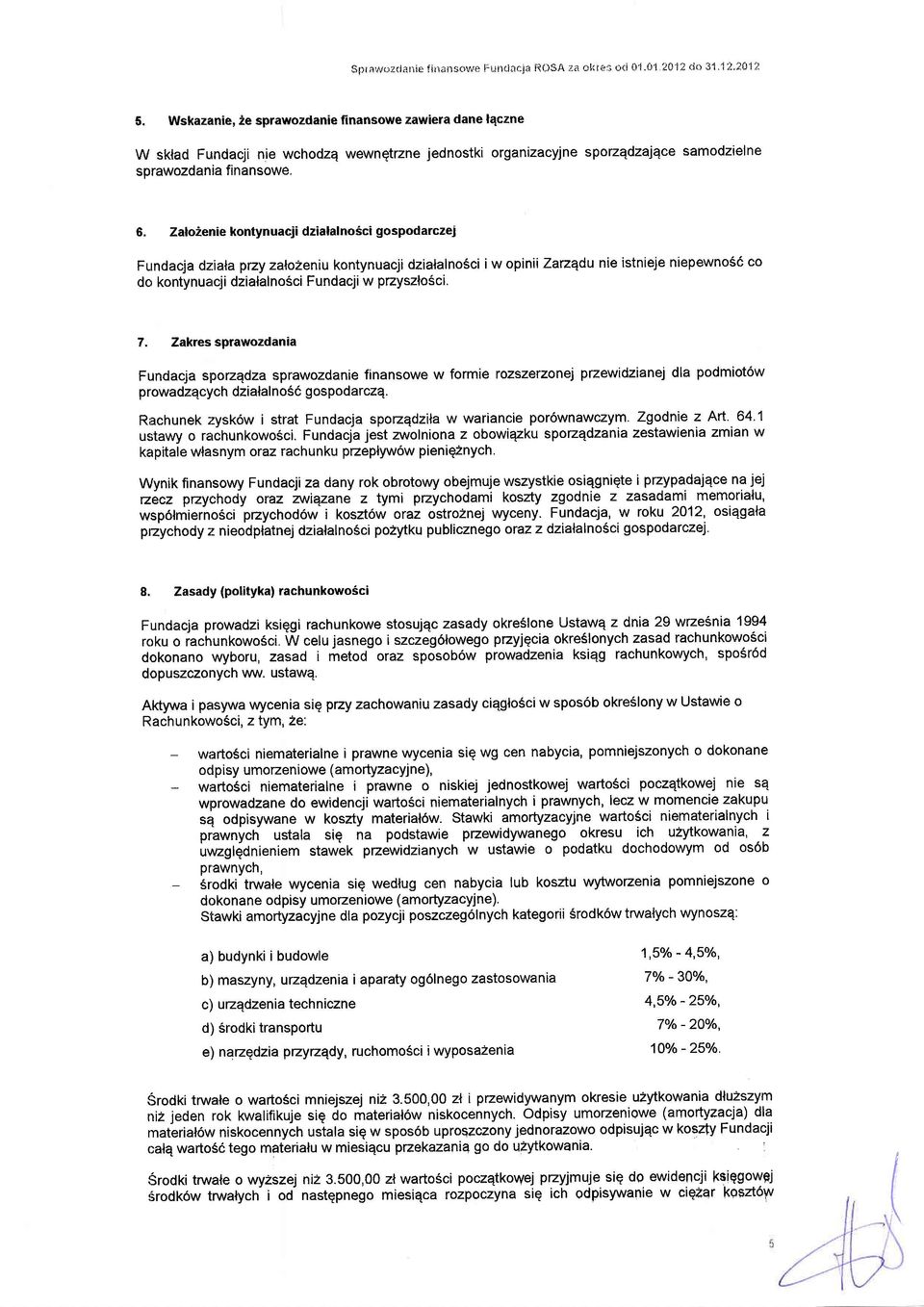 Zal2enie kntynuacji dzialaln6ci gspdarczej Fundacja dz.iala pzy zalzeniu kntynuacji dzialaln6ci i w pinii Zarzqdu nie istnieje niepewn66 c d kntynuacji dzialalnsci Fundacji w pzyszl6ci. 7.