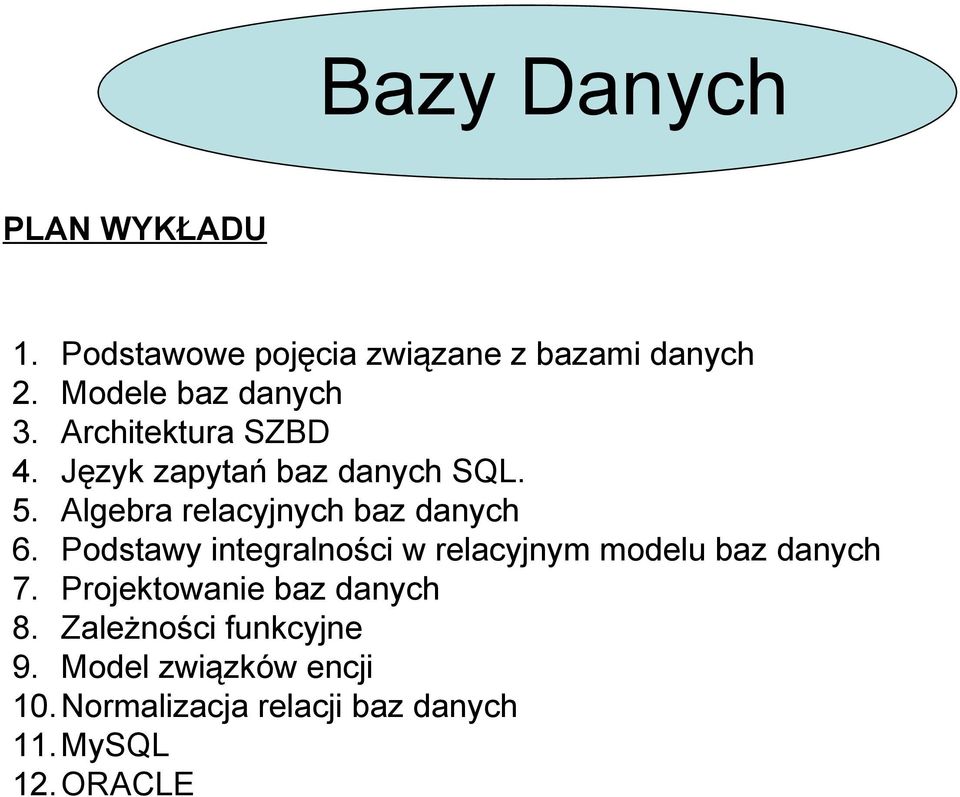 Algebra relacyjnych baz danych 6. Podstawy integralności w relacyjnym modelu baz danych 7.