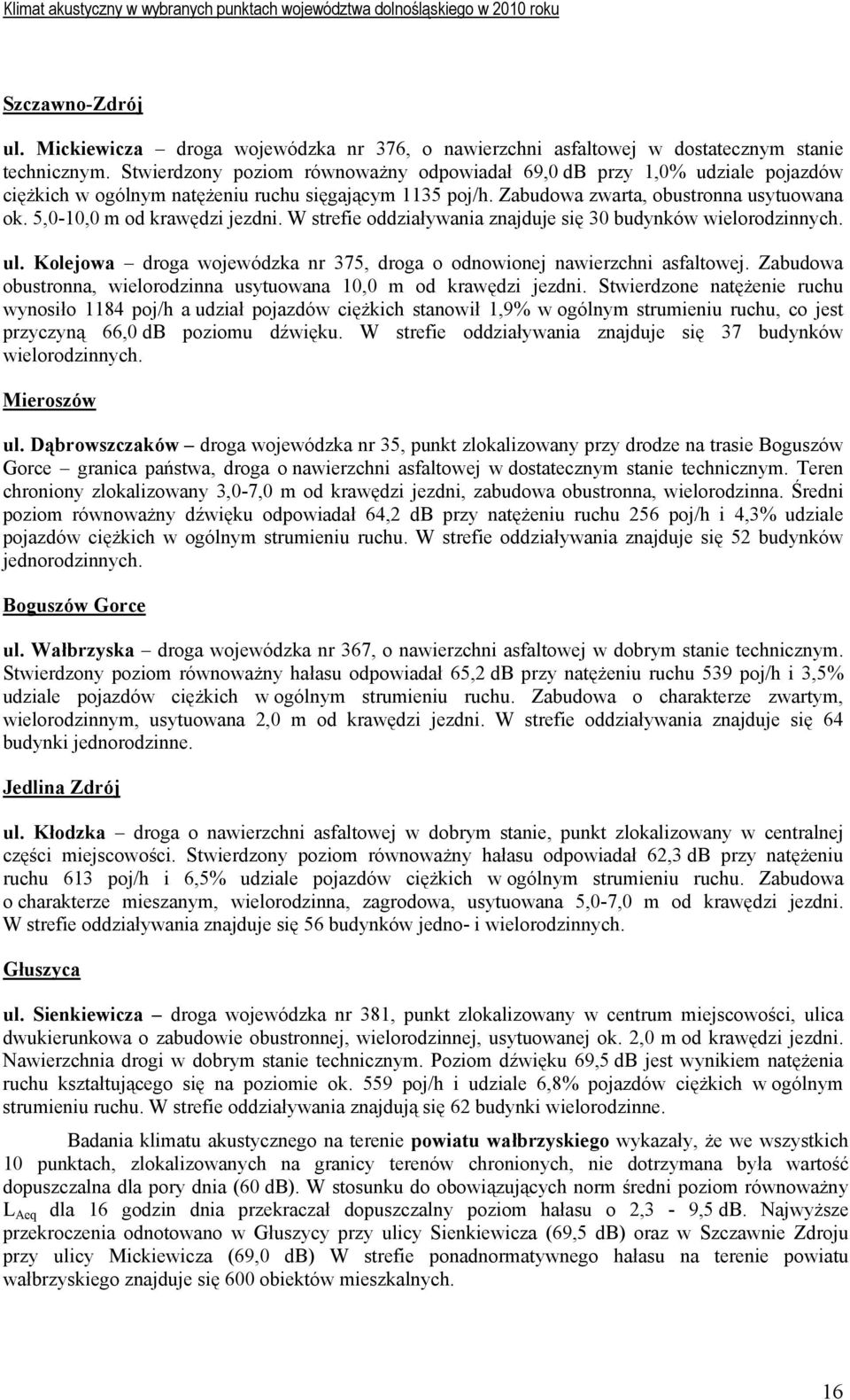 5,0-10,0 m od krawędzi jezdni. W strefie oddziaływania znajduje się 30 budynków wielorodzinnych. ul. Kolejowa droga wojewódzka nr 375, droga o odnowionej nawierzchni asfaltowej.