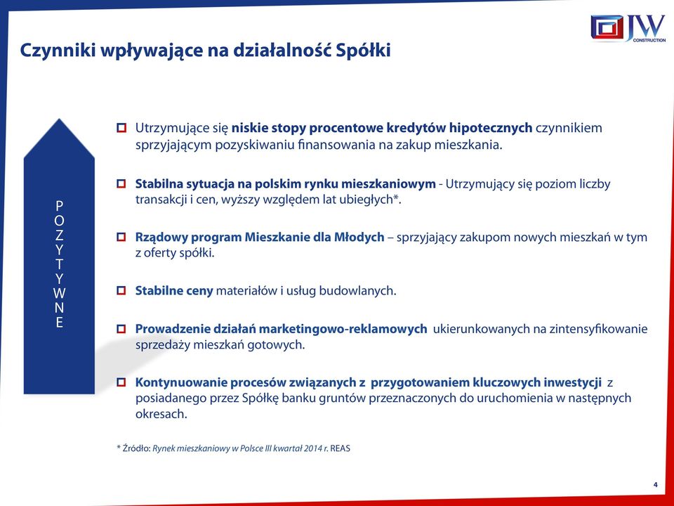 Rządowy program Mieszkanie dla Młodych sprzyjający zakupom nowych mieszkań w tym z oferty spółki. Stabilne ceny materiałów i usług budowlanych.