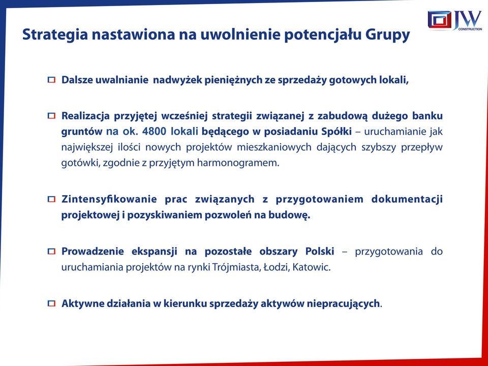 4800 lokali będącego w posiadaniu Spółki uruchamianie jak największej ilości nowych projektów mieszkaniowych dających szybszy przepływ gotówki, zgodnie z przyjętym