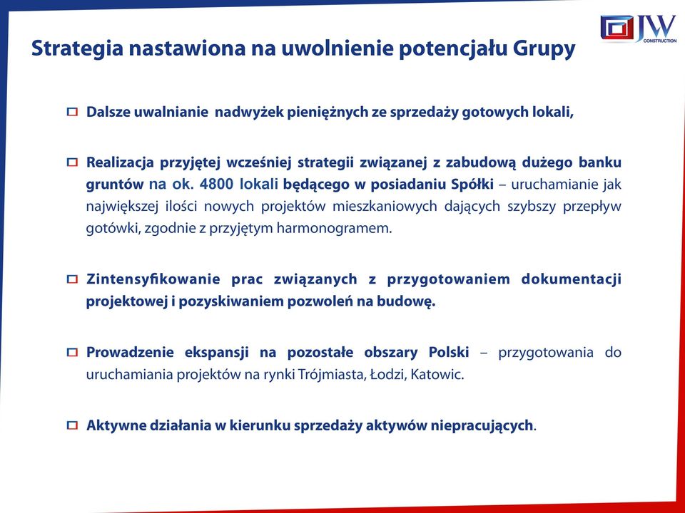 4800 lokali będącego w posiadaniu Spółki uruchamianie jak największej ilości nowych projektów mieszkaniowych dających szybszy przepływ gotówki, zgodnie z przyjętym