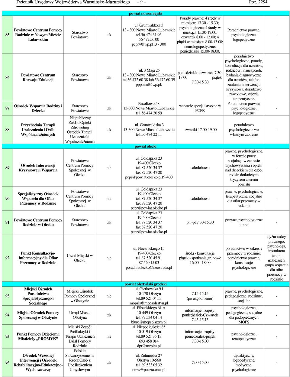 Kryzysowej Wsparca Specjalstyczny Ośrodek Wsparca dla Ofar Przemocy w Rodz Rodz w Olecku Punkt Konsultacyjo Informacyjny dla Ofar Przemocy w Rodz Mejsk Ośrodek Poradnctwa Specjalstycznego Socjalnego