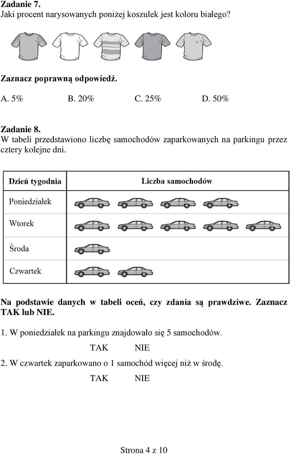 W tabeli przedstawiono liczbę samochodów zaparkowanych na parkingu przez cztery kolejne dni.