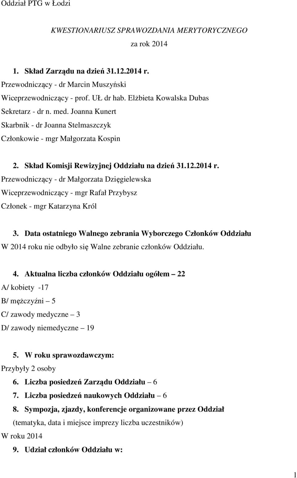 Przewodniczący - dr Małgorzata Dzięgielewska Wiceprzewodniczący - mgr Rafał Przybysz Członek - mgr Katarzyna Król 3.