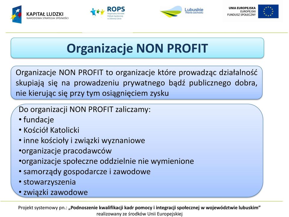 NON PROFIT zaliczamy: fundacje Kościół Katolicki inne kościoły i związki wyznaniowe organizacje pracodawców