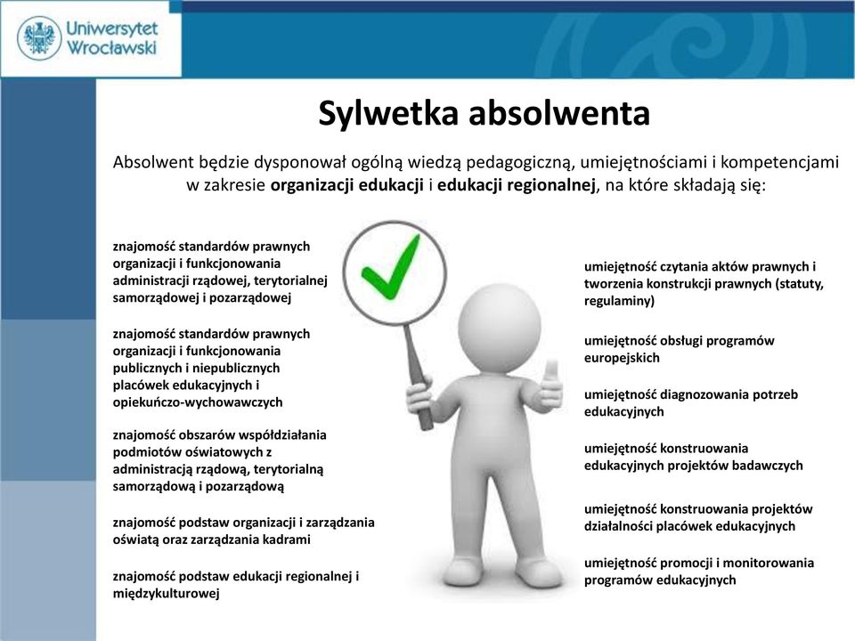 niepublicznych placówek edukacyjnych i opiekuńczo-wychowawczych znajomość obszarów współdziałania podmiotów oświatowych z administracją rządową, terytorialną samorządową i pozarządową znajomość