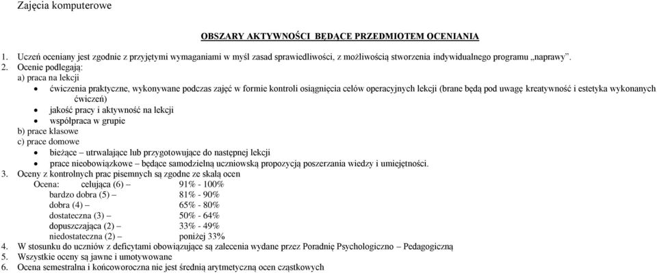 ćwiczeń) jakość pracy i aktywność na lekcji współpraca w grupie b) prace klasowe c) prace domowe bieżące utrwalające lub przygotowujące do następnej lekcji prace nieobowiązkowe będące samodzielną