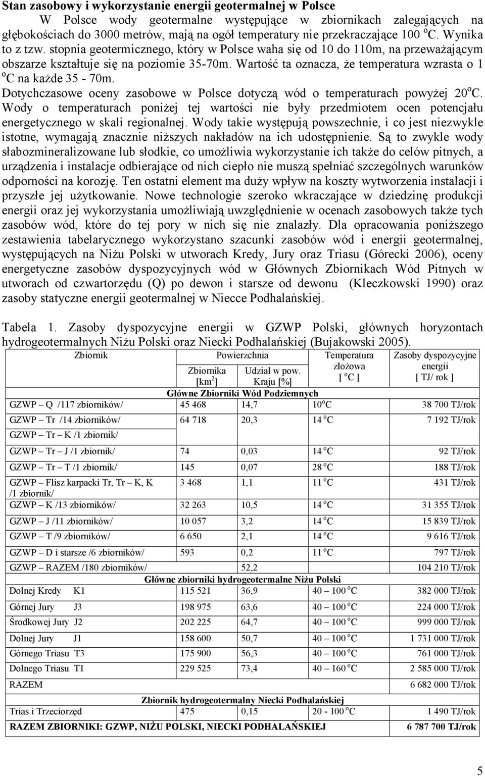 Wartość ta oznacza, Ŝe temperatura wzrasta o 1 o C na kaŝde 35-70m. Dotychczasowe oceny zasobowe w Polsce dotyczą wód o temperaturach powyŝej 20 o C.