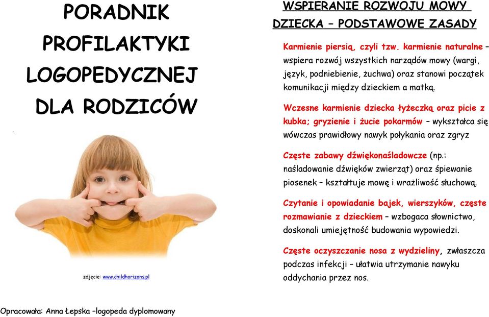 Wczesne karmienie dziecka łyżeczką oraz picie z kubka; gryzienie i żucie pokarmów wykształca się wówczas prawidłowy nawyk połykania oraz zgryz Częste zabawy dźwiękonaśladowcze (np.