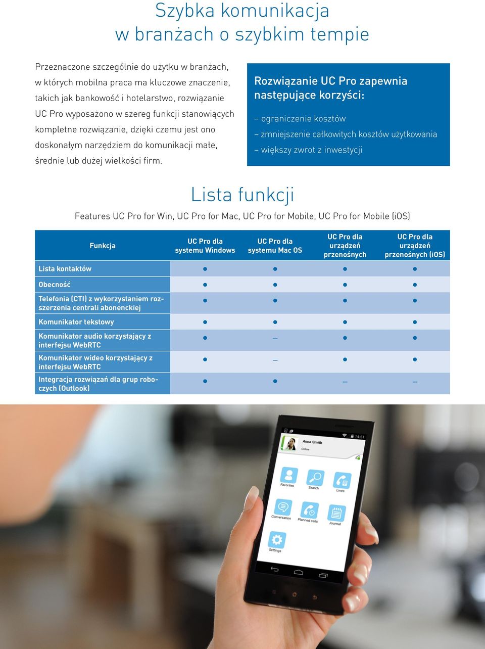 Rozwiązanie UC Pro zapewnia następujące korzyści: ograniczenie kosztów zmniejszenie całkowitych kosztów użytkowania większy zwrot z inwestycji Funkcja Lista funkcji Features UC Pro for Win, UC Pro